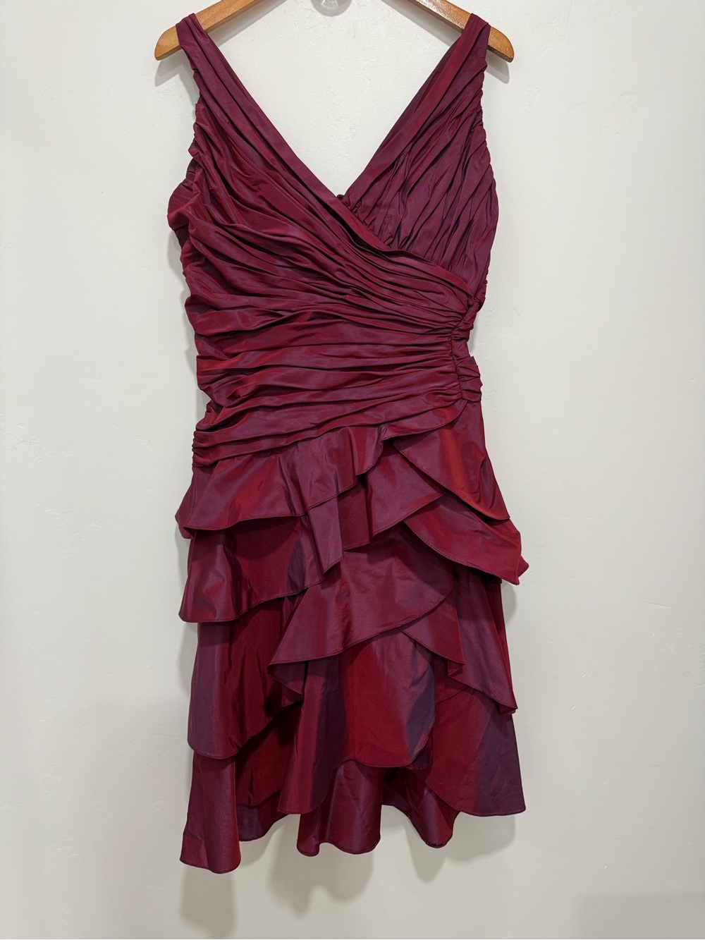 Vintage 90’s Tadashi Shoji V-Neck Ruffled Ruched Taffeta Dress - Wine Burgundy